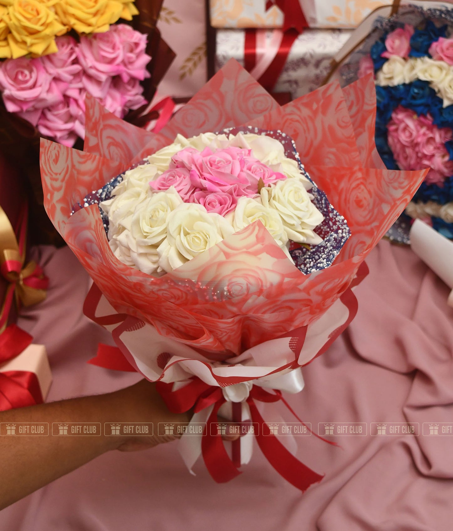 FB03 : Blushing Love - Premium Pink & White Rose Bouquet